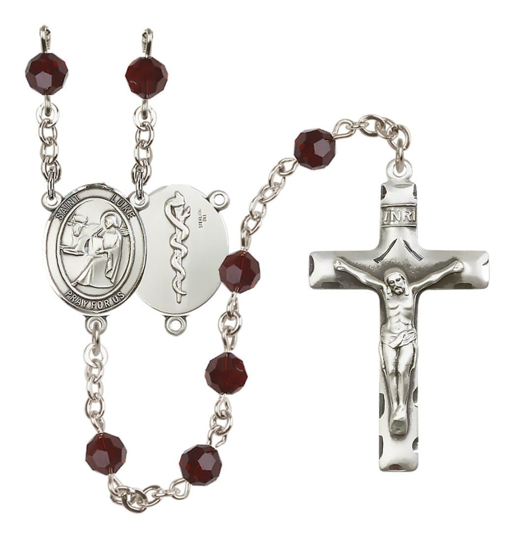 Bliss Sterling Silver 6mm Austrian Crystal Saint Luke the Apostle / Doctor Rosary in Garnet,