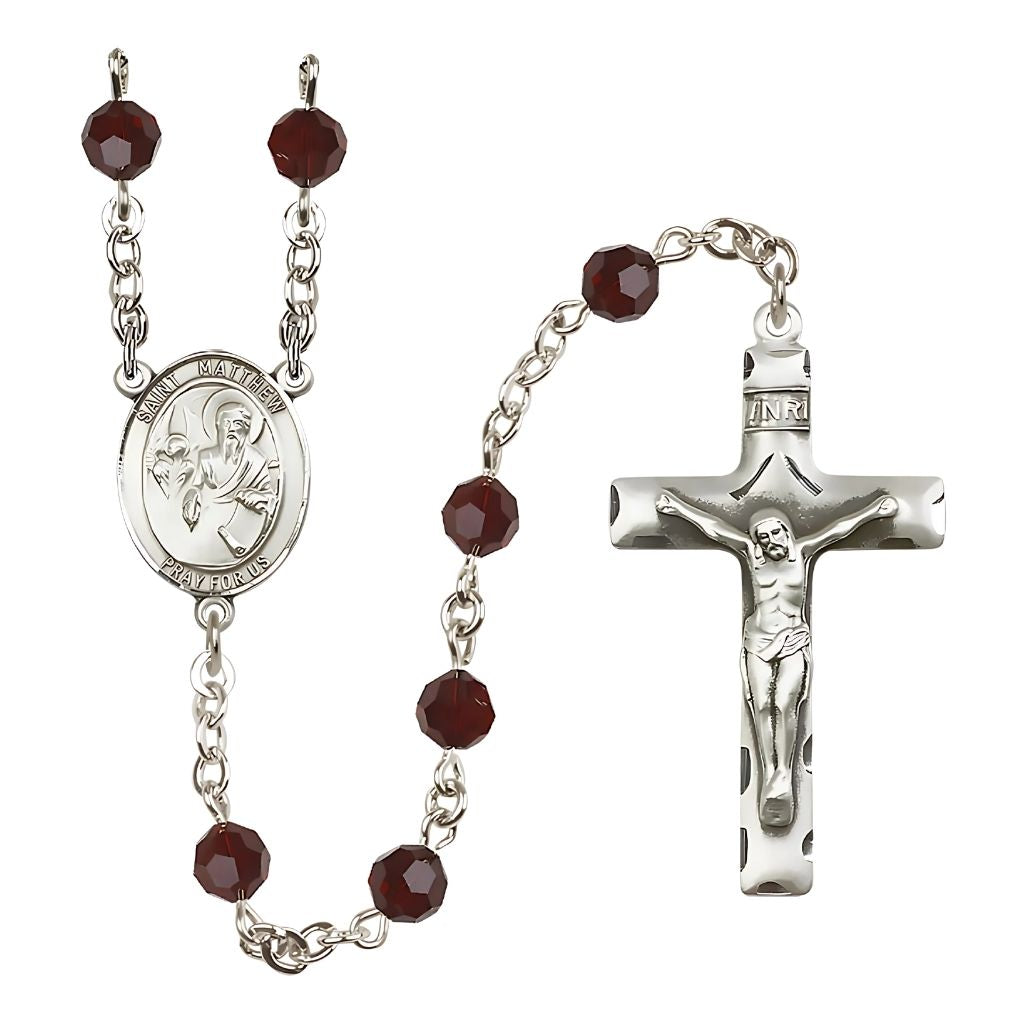 Bliss St. Matthew the Apostle Birthstone Sterling Silver Rosary in 6mm Austrian Crystal Garnet