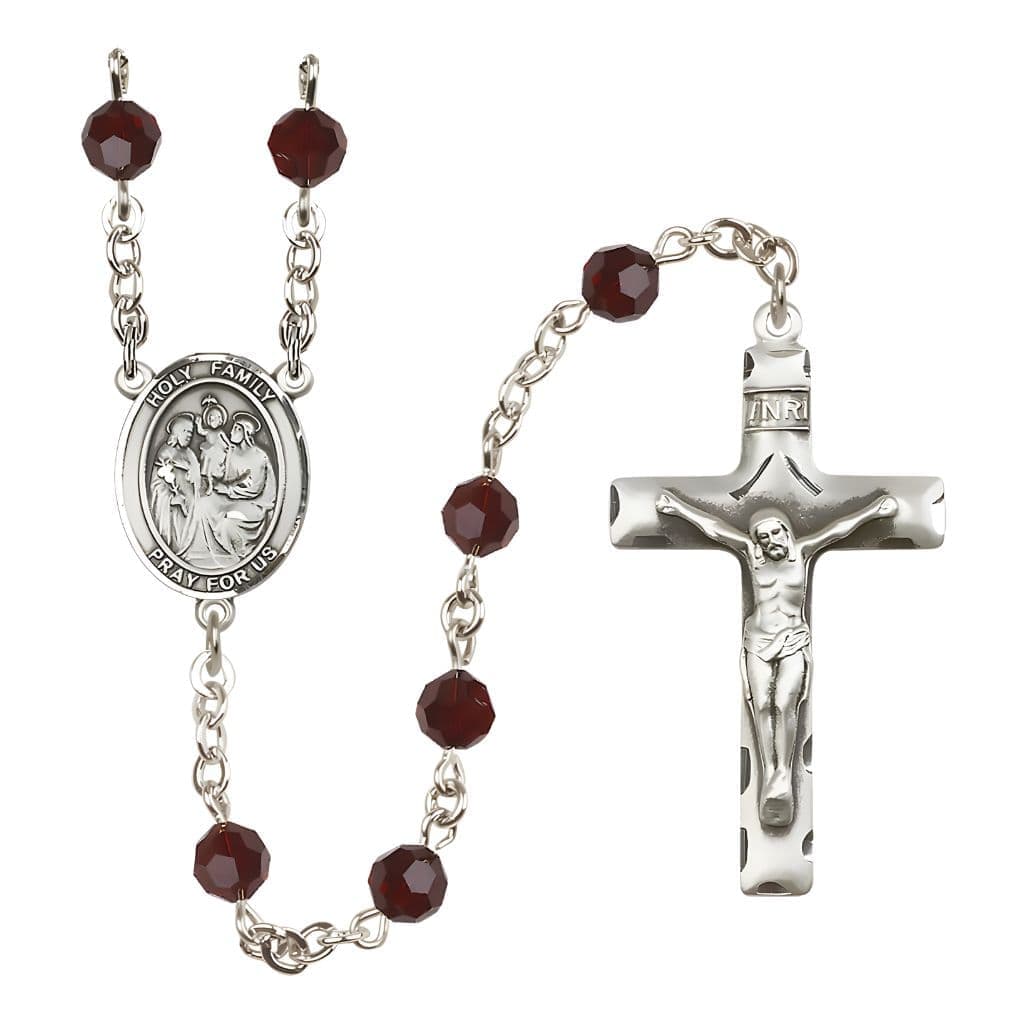 Bliss Holy Family Engravable Rosary with Sterling Silver Crucifix and Centerpiece, Birthstone 6mm Austrian Crystal Garnet Beads for January