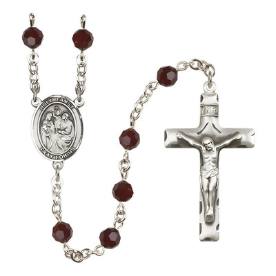Holy Family Engravable Rosary with Sterling Silver Crucifix and Centerpiece, Birthstone 6mm Austrian Crystal Garnet Beads for January, Bliss Manufacturing
