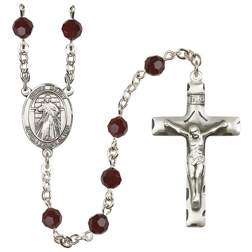 Bliss Jesus Divine Mercy Engravable Rosary with Sterling Silver Crucifix and Centerpiece, Birthstone 6mm Austrian Crystal Garnet Beads for January