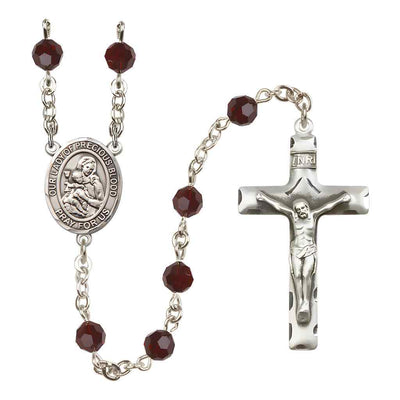 Our Lady of the Precious Blood Rosary with Sterling Silver Traditional Crucifix and Centerpiece, Birthstone 6mm Austrian Crystal Garnet Beads for January