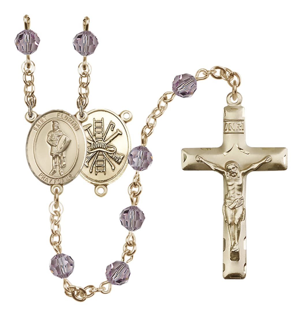 Bliss St Florian Firefighter Gold-filled 6mm Austrian Crystal Rosary in Light Amethyst June Birthstone,