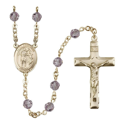 St. Sebastian Engravable Rosary with Gold-filled Crucifix and Centerpiece, Birthstone 6mm Austrian Crystal Light Amethyst Beads for June, Bliss Manufacturing