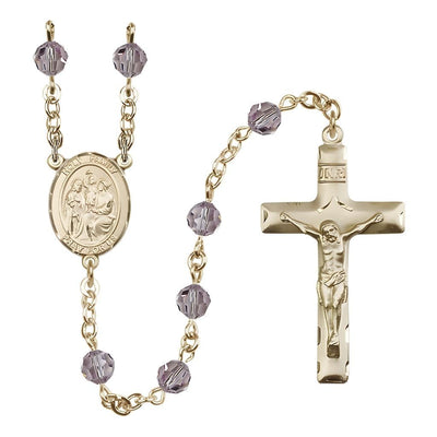 Holy Family Engravable Rosary with Gold-filled Crucifix and Centerpiece, Birthstone 6mm Austrian Crystal Light Amethyst Beads for June, Bliss Manufacturing