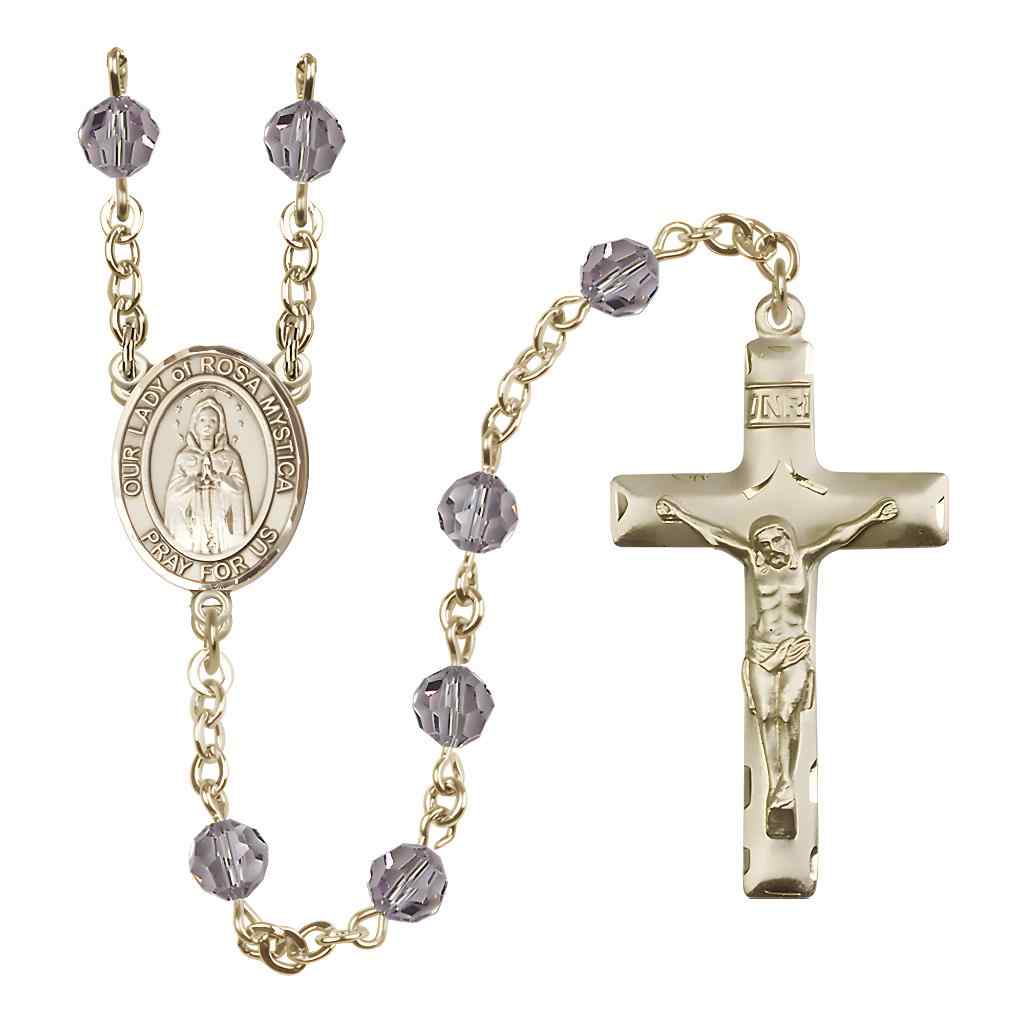 Our Lady of Rosa Mystica Rosary with Gold-filled Traditional Crucifix and Centerpiece, Birthstone 6mm Austrian Crystal Light Amethyst Beads for June