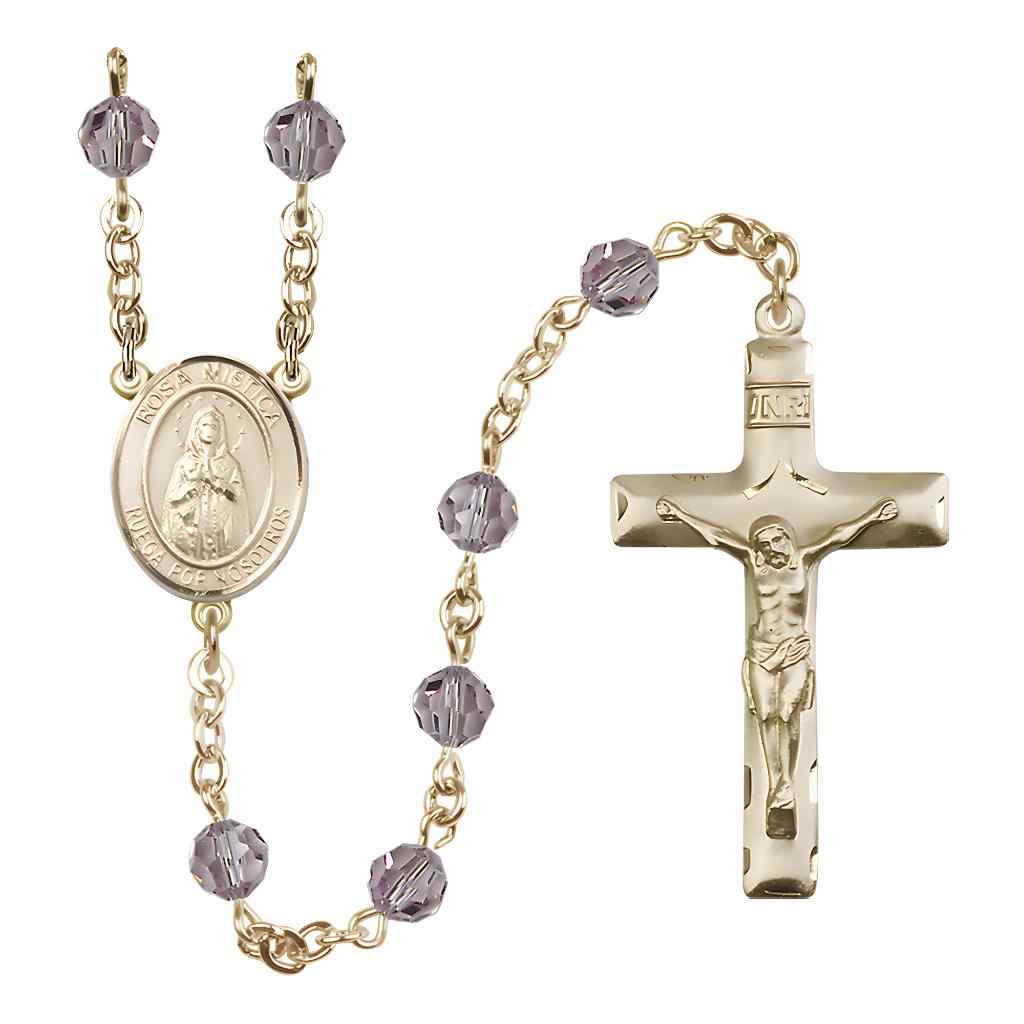 Spanish Rosa Mystica Rosary with Gold-filled Traditional Crucifix and Centerpiece, Birthstone 6mm Austrian Crystal Light Amethyst Beads for June