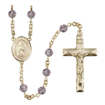 Spanish Rosa Mystica Rosary with Gold-filled Traditional Crucifix and Centerpiece, Birthstone 6mm Austrian Crystal Light Amethyst Beads for June