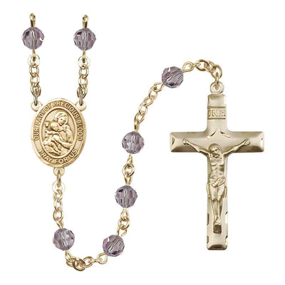Our Lady of the Precious Blood Rosary with Gold-filled Traditional Crucifix and Centerpiece, Birthstone 6mm Austrian Crystal Light Amethyst Beads for June