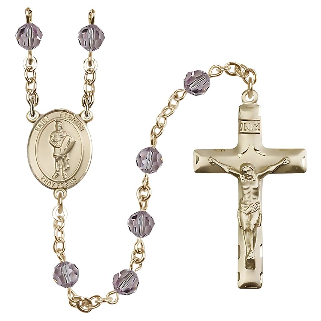 St. Florian Birthstone Rosary features 14kt gold construction with 6mm round Austrian crystal beads in light amethyst.