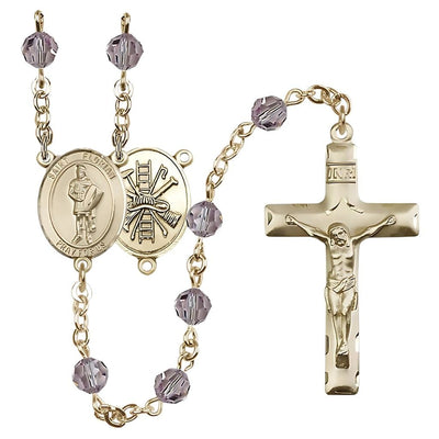 St. Florian centerpiece with firefighter gear on back Birthstone 14kt Gold Rosary with Light Amethyst 6mm Austrian crystal beads with a traditional crucifix, Bliss Manufacturing