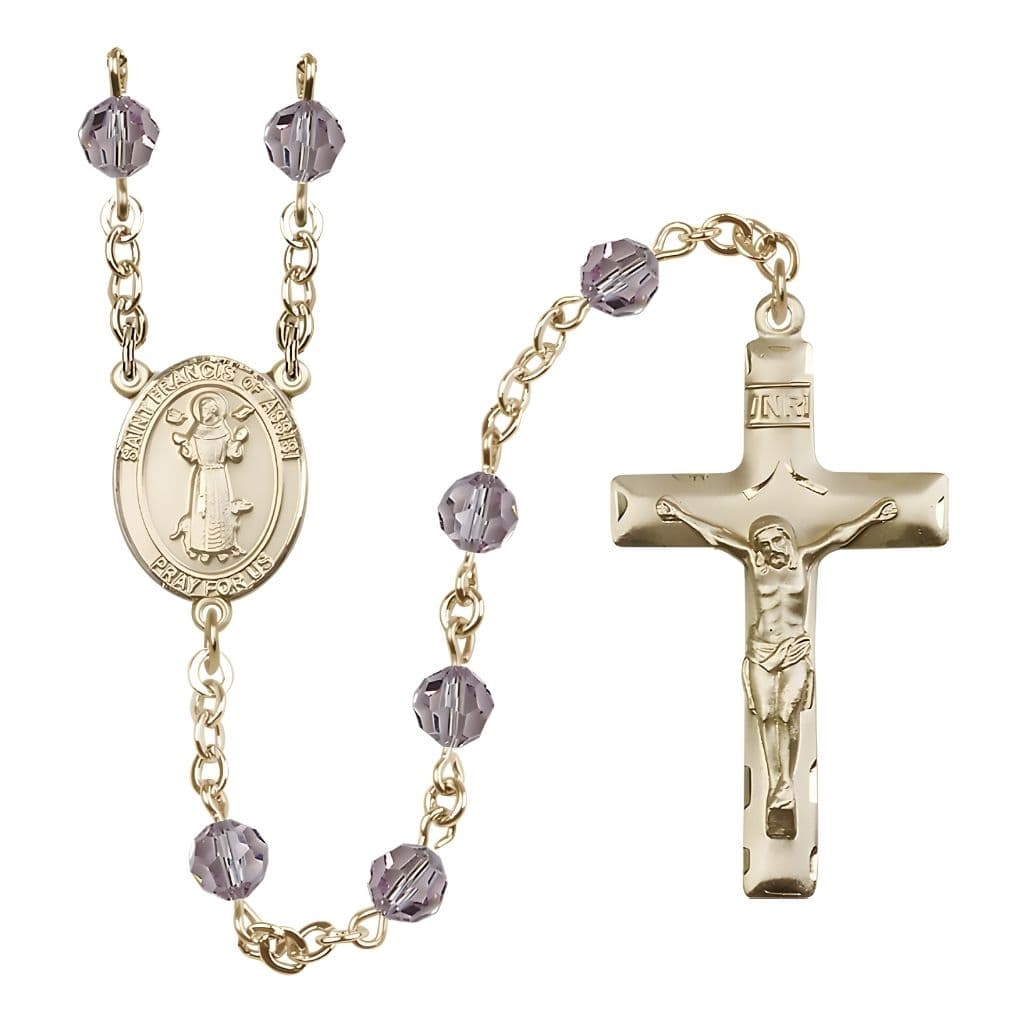 Bliss St. Francis of Assisi 14kt Gold Light Amethyst 6mm Austrian Crystal Bead Rosary, USA Made