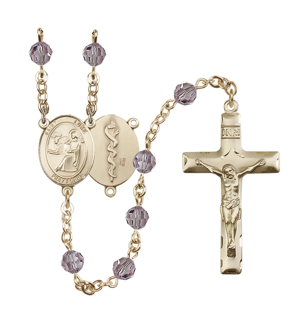 Bliss Doctor St Luke the Apostle 14kt Gold 6mm Austrian Crystal Rosary in June Light Amethyst,