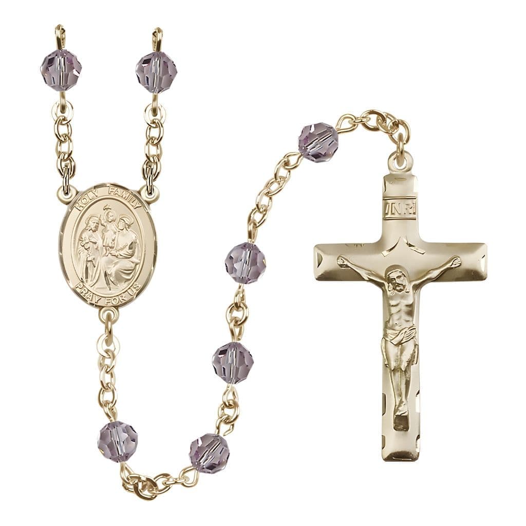 Bliss Holy Family Engravable Rosary with 14kt Gold Crucifix and Centerpiece, Birthstone 6mm Austrian Crystal Light Amethyst Beads for June