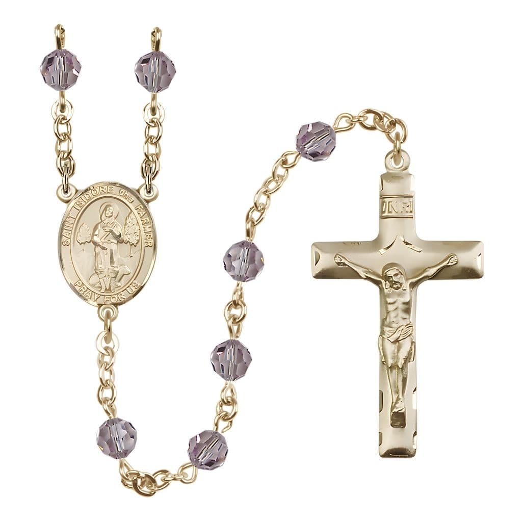 Bliss St. Isidore the Farmer Engravable Rosary with 14kt Gold Traditional Crucifix and Centerpiece, Birthstone 6mm Austrian Crystal Light Amethyst Beads for June