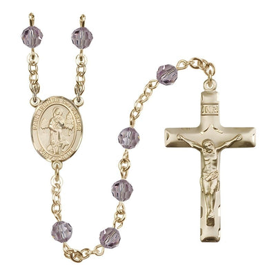 St. Isidore the Farmer Engravable Rosary with 14kt Gold Traditional Crucifix and Centerpiece, Birthstone 6mm Austrian Crystal Light Amethyst Beads for June, Bliss Manufacturing