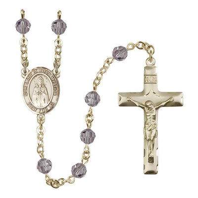 Our Lady of Rosa Mystica Rosary with 14kt Gold Traditional Crucifix and Centerpiece, Birthstone 6mm Austrian Crystal Light Amethyst Beads for June