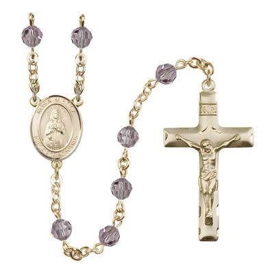 Spanish Rosa Mystica Rosary with 14kt Gold Traditional Crucifix and Centerpiece, Birthstone 6mm Austrian Crystal Light Amethyst Beads for June