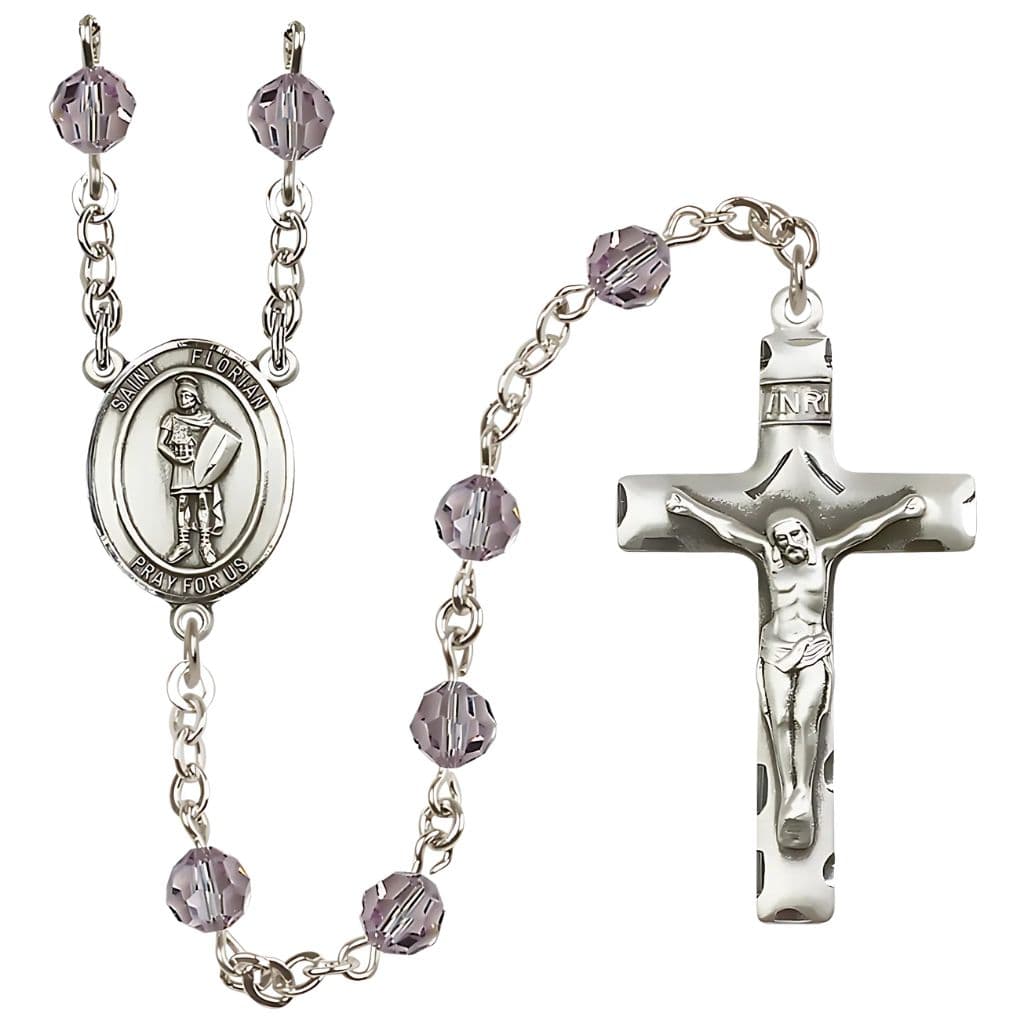 Bliss St. Florian Sterling Silver Rosary with Birthstone 6mm Round Austrian Crystal beads in Light Amethyst