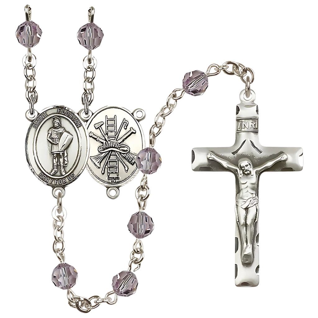 Bliss St Florian Firefighter Sterling Silver 6mm Austrian Light Amethyst Crystal Birthstone Rosary with Ladder and Hat on Back,