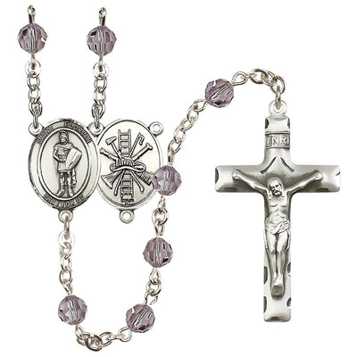 St Florian Firefighter Sterling Silver 6mm Austrian Light Amethyst Crystal Birthstone Rosary with Ladder and Hat on Back, Bliss Manufacturing