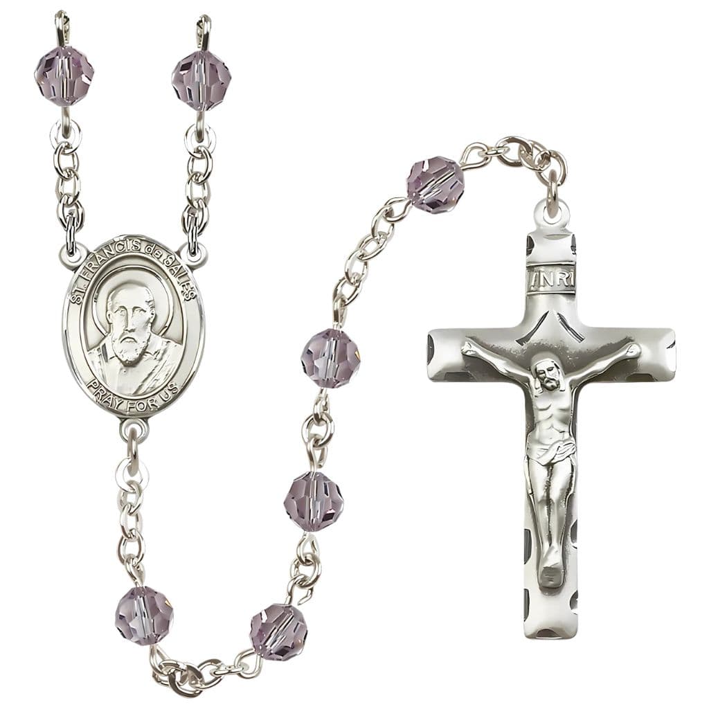 St. Francis de Sales Rosary with 6mm Light Amethyst Austrian Crystal Beads and Sterling Silver,
