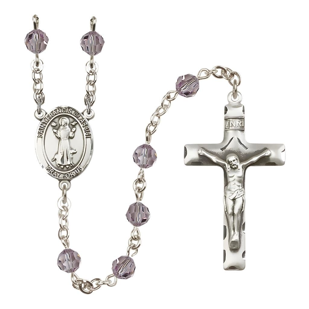Bliss St. Francis of Assisi Sterling Silver 6mm Light Amethyst Austrian Crystal Bead Rosary, USA Made