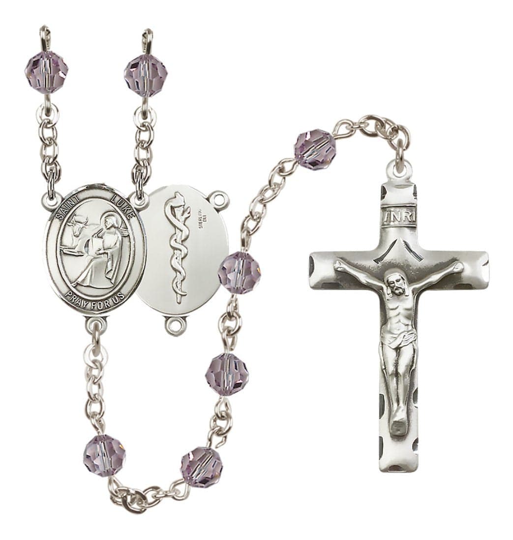 Bliss Sterling Silver 6mm Austrian Crystal Saint Luke the Apostle / Doctor Rosary in Light Amethyst,