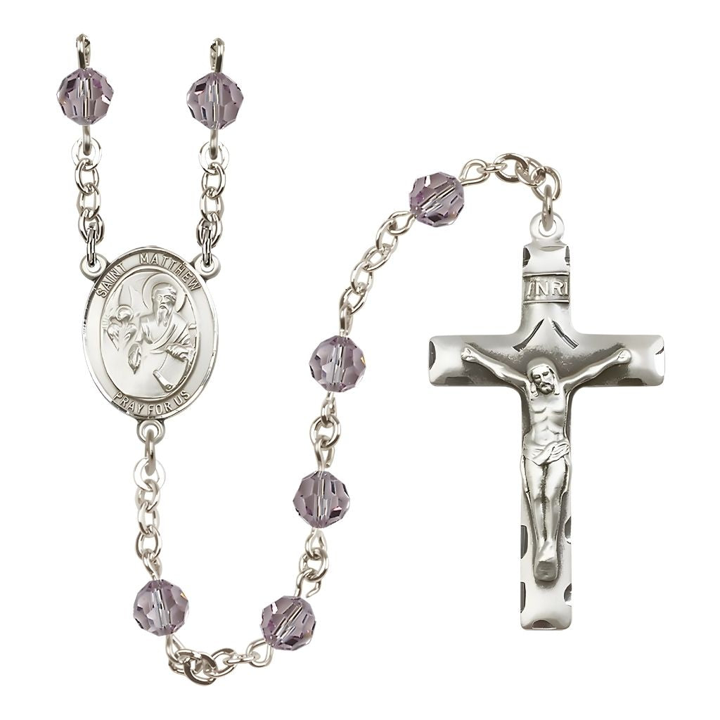 Bliss St. Matthew the Apostle Birthstone Sterling Silver Rosary in 6mm Austrian Crystal Light Amethyst