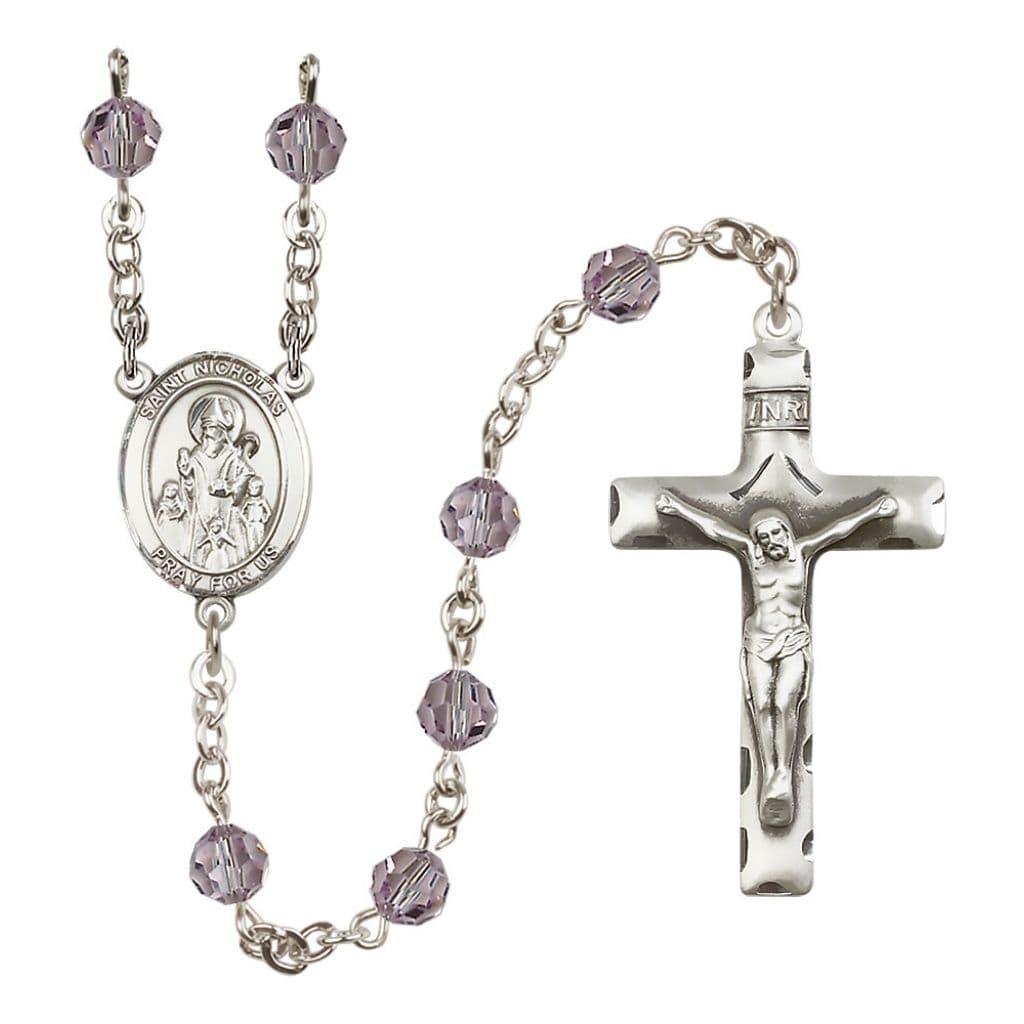 Bliss St. Nicholas Rosary, June Birthstone 6mm Light Amethyst Austrian Crystal Beads with Sterling Silver Centerpiece and Crucifix