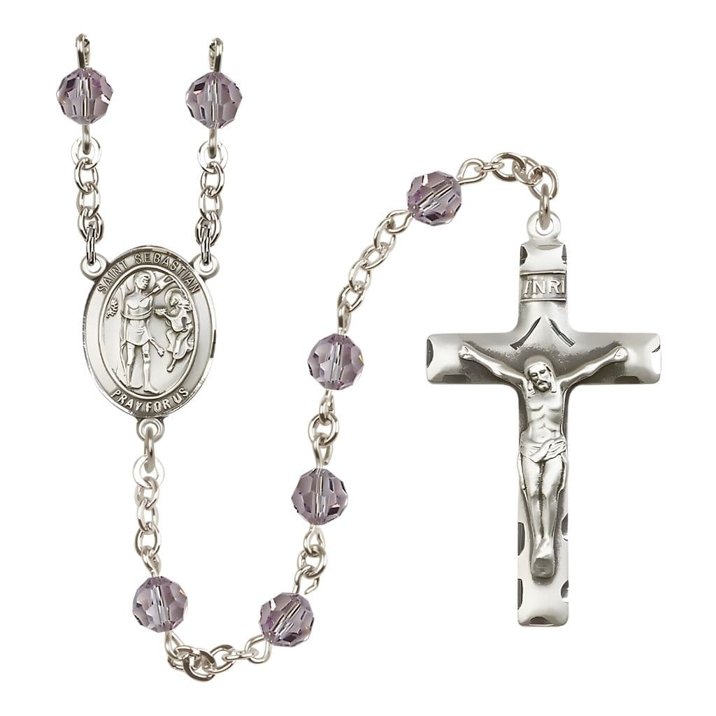 Bliss St. Sebastian Engravable Rosary with Sterling Silver Crucifix and Centerpiece, Birthstone 6mm Austrian Crystal Light Amethyst Beads for June