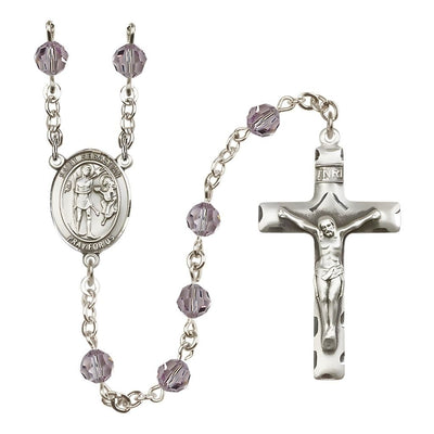 St. Sebastian Engravable Rosary with Sterling Silver Crucifix and Centerpiece, Birthstone 6mm Austrian Crystal Light Amethyst Beads for June, Bliss Manufacturing