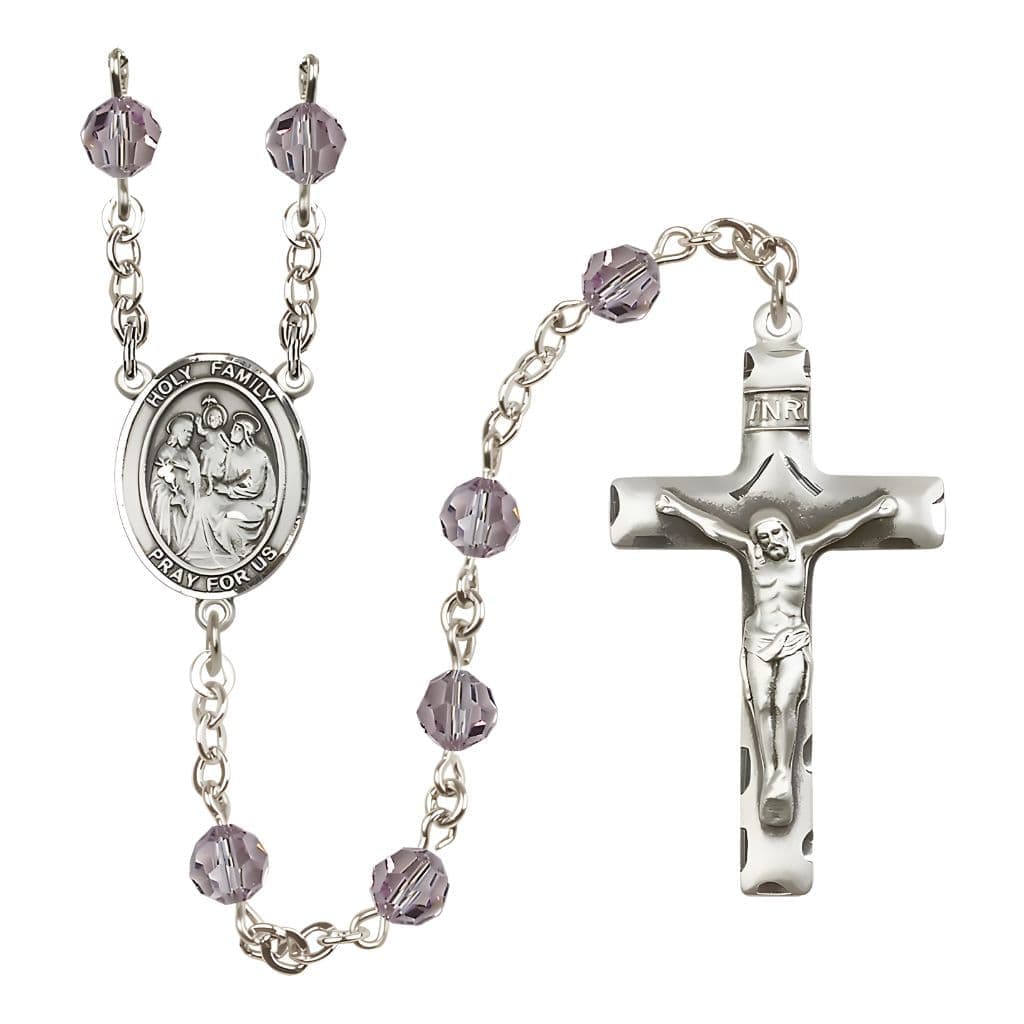 Bliss Holy Family Engravable Rosary with Sterling Silver Crucifix and Centerpiece, Birthstone 6mm Austrian Crystal Light Amethyst Beads for June