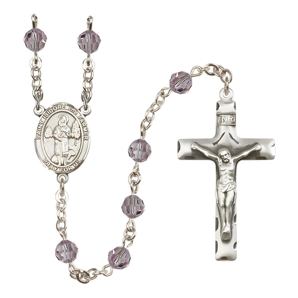 Bliss St. Isidore the Farmer Engravable Rosary with Sterling Silver Traditional Crucifix and Centerpiece, Birthstone 6mm Austrian Crystal Light Amethyst Beads for June