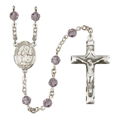 St. Isidore the Farmer Engravable Rosary with Sterling Silver Traditional Crucifix and Centerpiece, Birthstone 6mm Austrian Crystal Light Amethyst Beads for June, Bliss Manufacturing