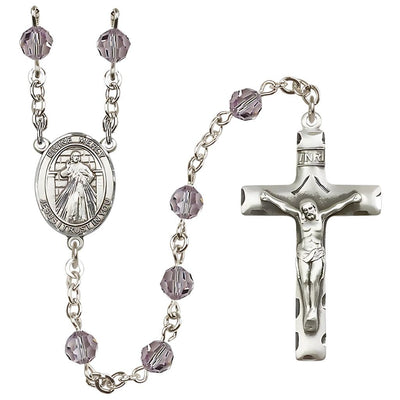 Jesus Divine Mercy Engravable Rosary with Sterling Silver Crucifix and Centerpiece, Birthstone 6mm Austrian Crystal Light Amethyst Beads for June, Bliss Manufacturing