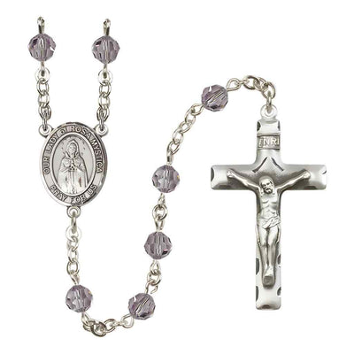Our Lady of Rosa Mystica Rosary with Sterling Silver Traditional Crucifix and Centerpiece, Birthstone 6mm Austrian Crystal Light Amethyst Beads for June