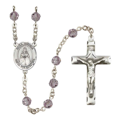 Spanish Rosa Mystica Rosary with Sterling Silver Traditional Crucifix and Centerpiece, Birthstone 6mm Austrian Crystal Light Amethyst Beads for June