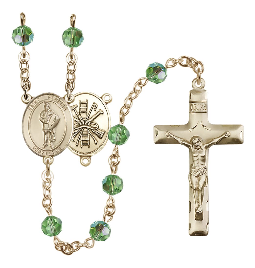 Bliss St Florian Firefighter Gold-filled 6mm Austrian Crystal Rosary in Peridot August Birthstone,