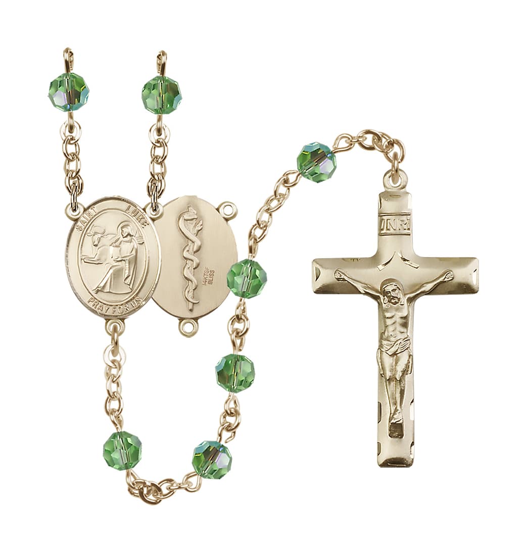 Bliss St Luke the Apostle Doctor 14kt Gold-filled 6mm Austrian Peridot Crystal Rosary,