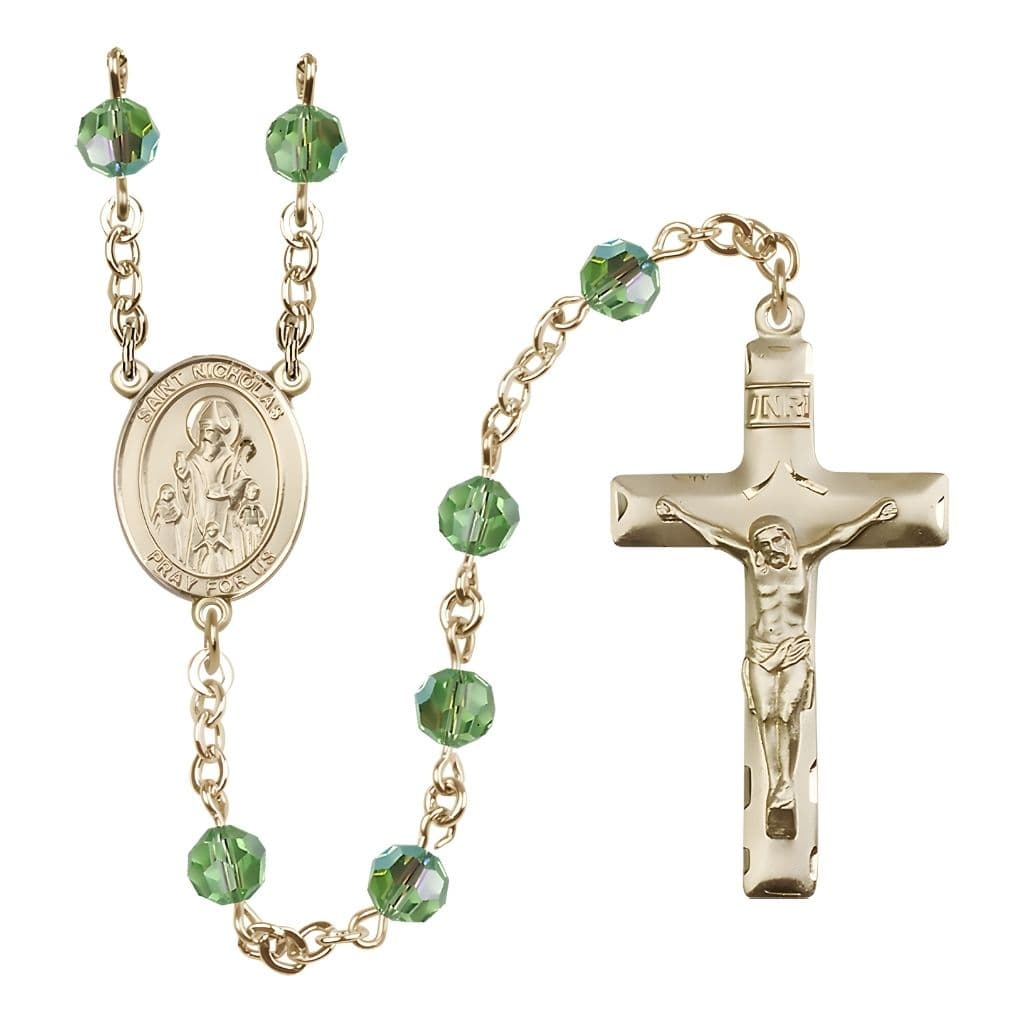 Bliss St. Nicholas Rosary, August Birthstone 6mm Peridot Austrian Crystal Beads with 14kt Gold Centerpiece and Crucifix