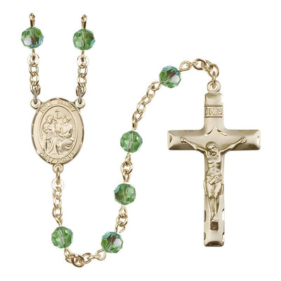 Holy Family Engravable Rosary with Gold-filled Crucifix and Centerpiece, Birthstone 6mm Austrian Crystal Peridot Beads for August, Bliss Manufacturing