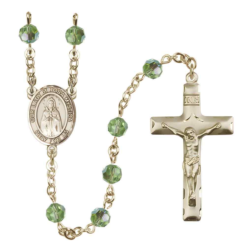 Our Lady of Rosa Mystica Rosary with Gold-filled Traditional Crucifix and Centerpiece, Birthstone 6mm Austrian Crystal Peridot Beads for August