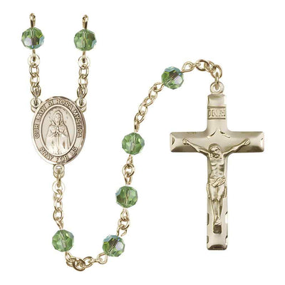 Our Lady of Rosa Mystica Rosary with Gold-filled Traditional Crucifix and Centerpiece, Birthstone 6mm Austrian Crystal Peridot Beads for August