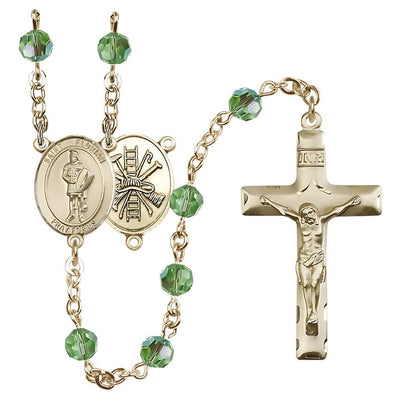 St. Florian centerpiece with firefighter gear on back Birthstone 14kt Gold Rosary with Peridot 6mm Austrian crystal beads with a traditional crucifix, Bliss Manufacturing
