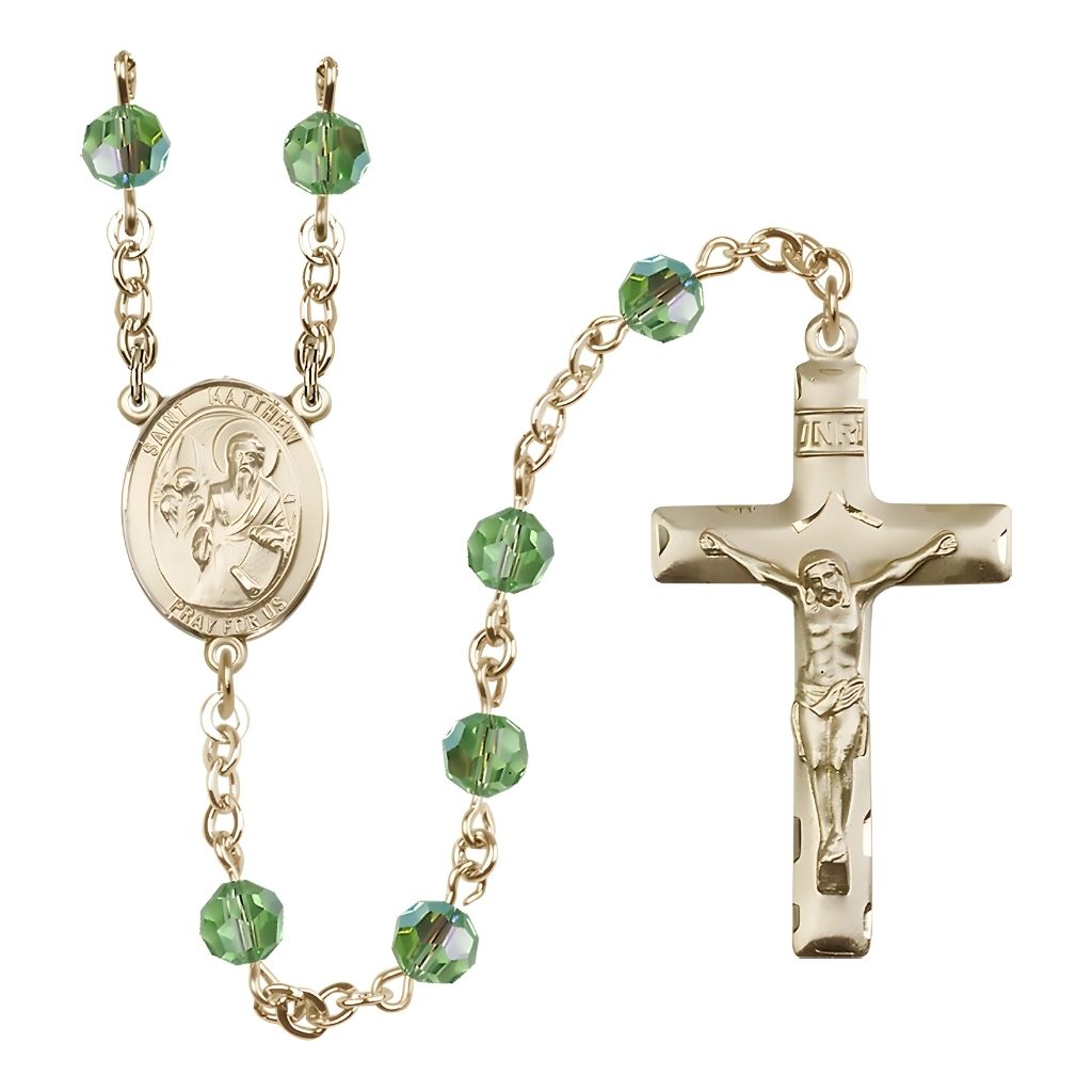Bliss St. Matthew the Apostle 6mm Austrian Crystal Birthstone 14kt Gold Rosary in Peridot