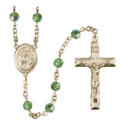 St. Sebastian Engravable Rosary with 14kt Gold Crucifix and Centerpiece, Birthstone 6mm Austrian Crystal Peridot Beads for August, Bliss Manufacturing