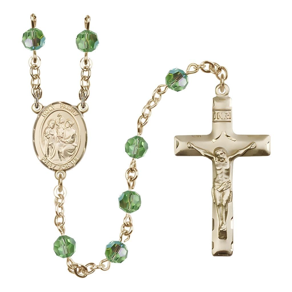 Bliss Holy Family Engravable Rosary with 14kt Gold Crucifix and Centerpiece, Birthstone 6mm Austrian Crystal Peridot Beads for August