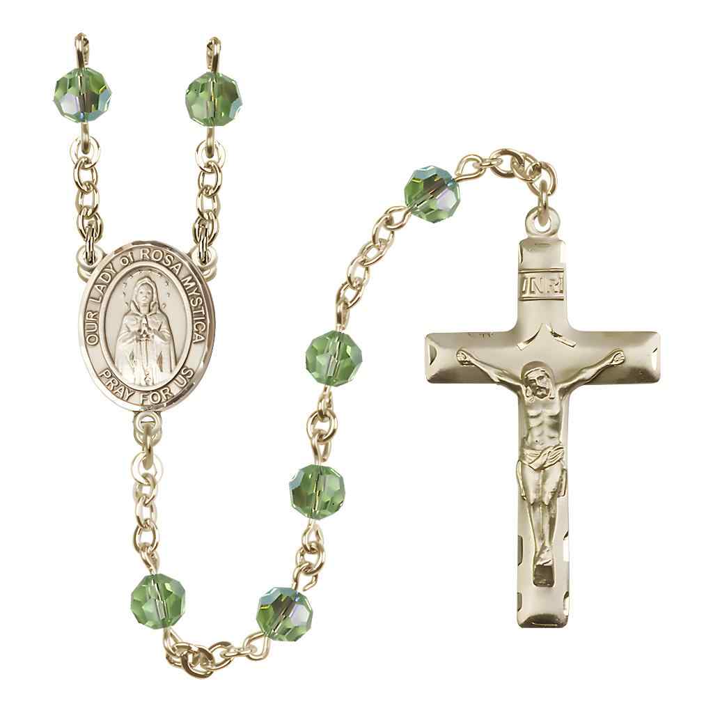 Our Lady of Rosa Mystica Rosary with 14kt Gold Traditional Crucifix and Centerpiece, Birthstone 6mm Austrian Crystal Peridot Beads for August