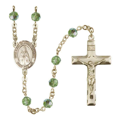 Our Lady of Rosa Mystica Rosary with 14kt Gold Traditional Crucifix and Centerpiece, Birthstone 6mm Austrian Crystal Peridot Beads for August